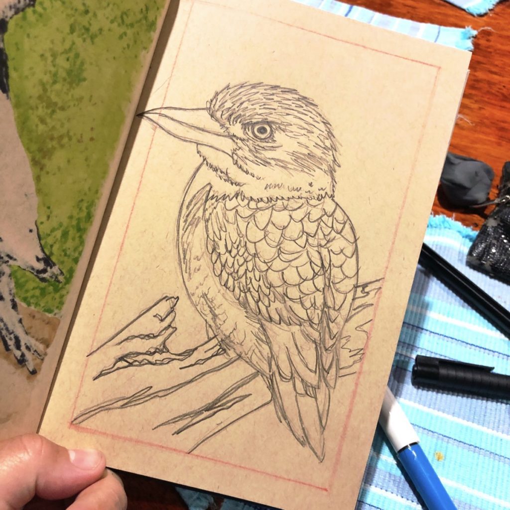 Kookaburra Illustration process shot. Working on the linework and getting the overall composition set. Copic markers & Posca pens on tan tones Strathmore Sketchbook.