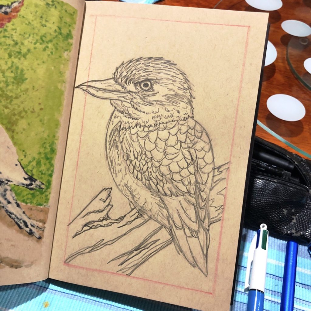 Kookaburra Illustration process shot. Final pencil sketch. Copic markers & Posca pens on tan tones Strathmore Sketchbook.