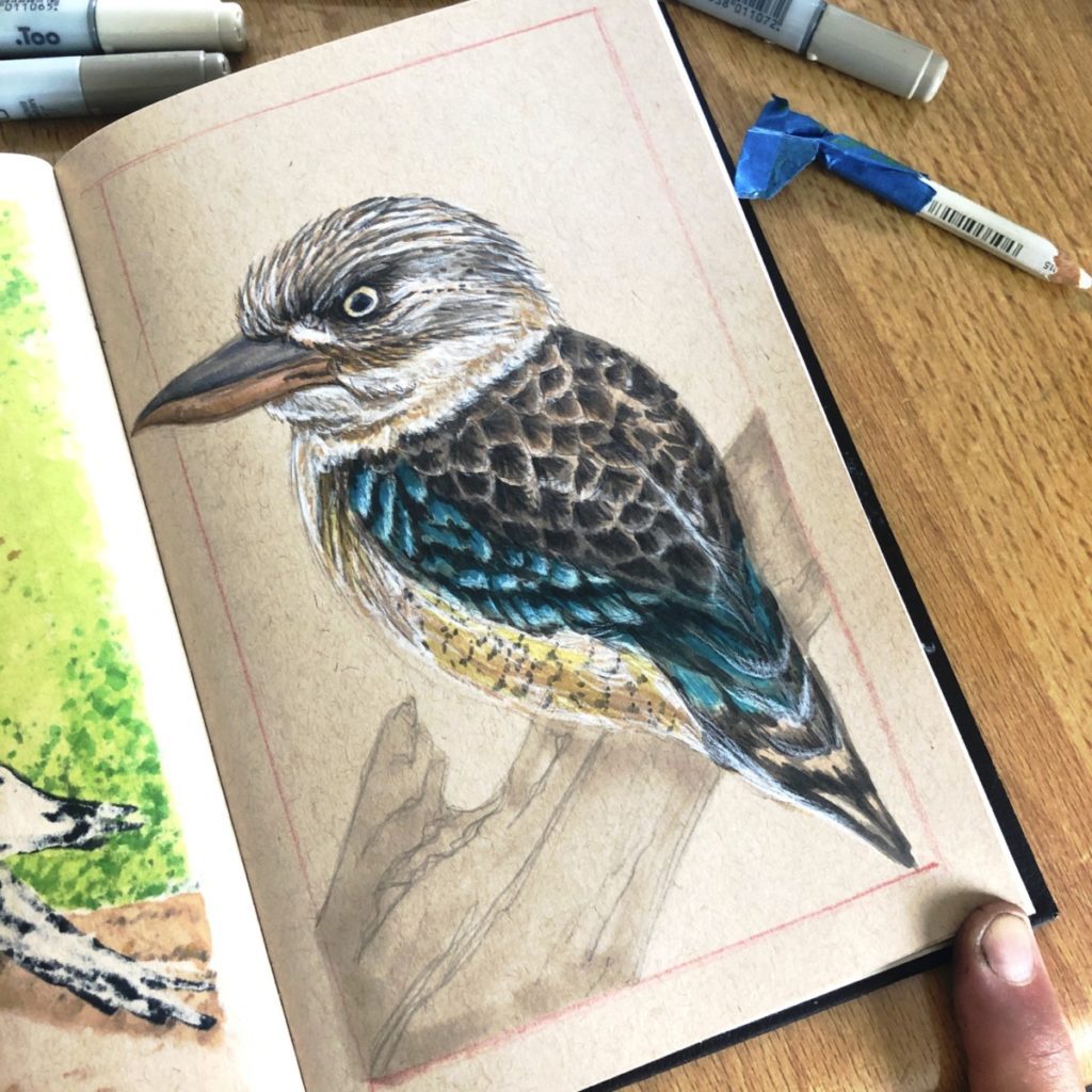 Kookaburra Illustration process shot. Working on the trunk and more details. Copic markers & Posca pens on tan tones Strathmore Sketchbook.