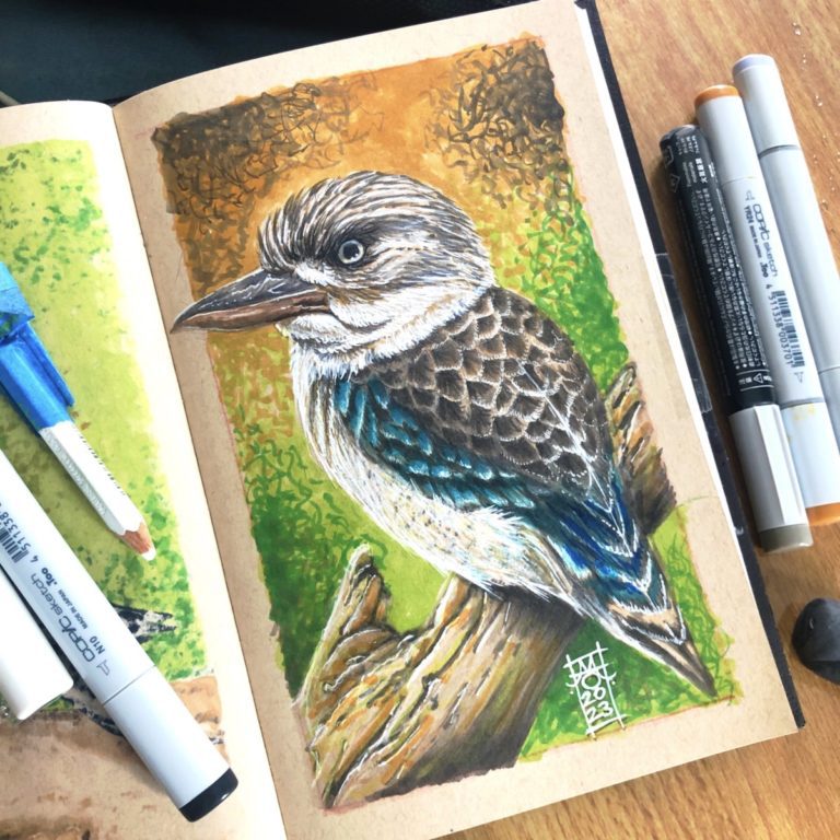 Kookaburra Illustration final. Copic markers & Posca pens on tan tones Strathmore Sketchbook.